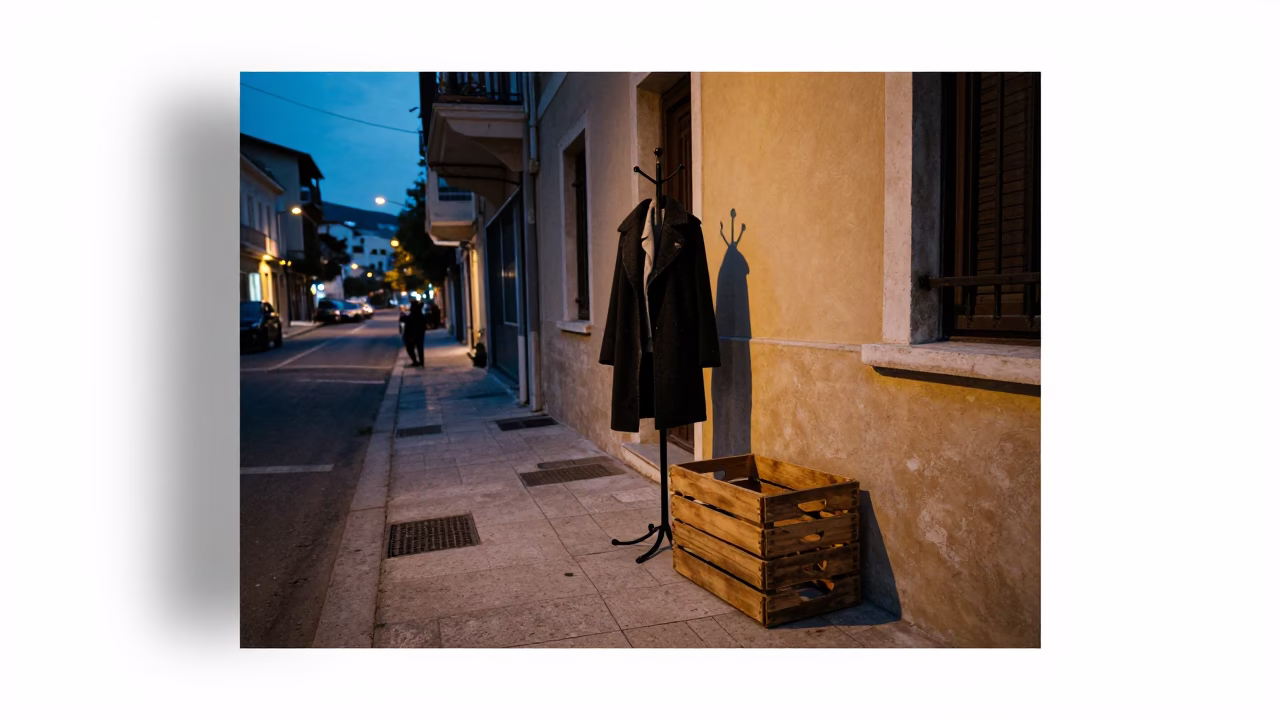 Predawn Athens Street Scene with Crate and Coat Stand in Greek City in in Athens, Greece