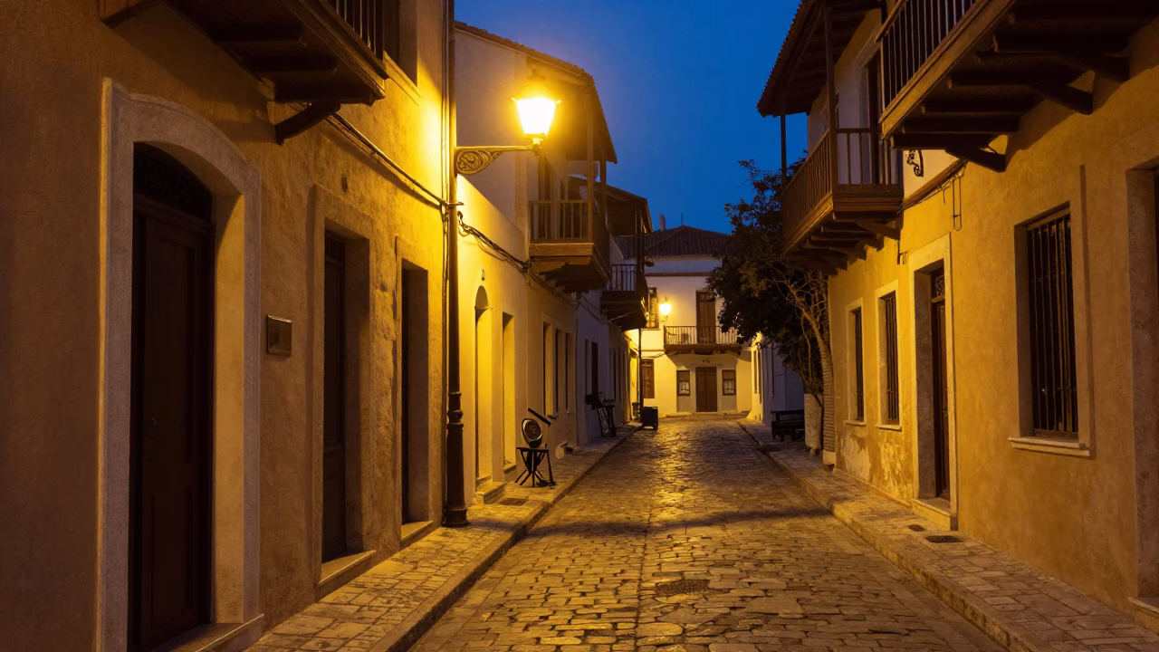 Predawn Athens Street Scene with Crowbar and Pocket Watch on Cobblestone in in Athens, Greece