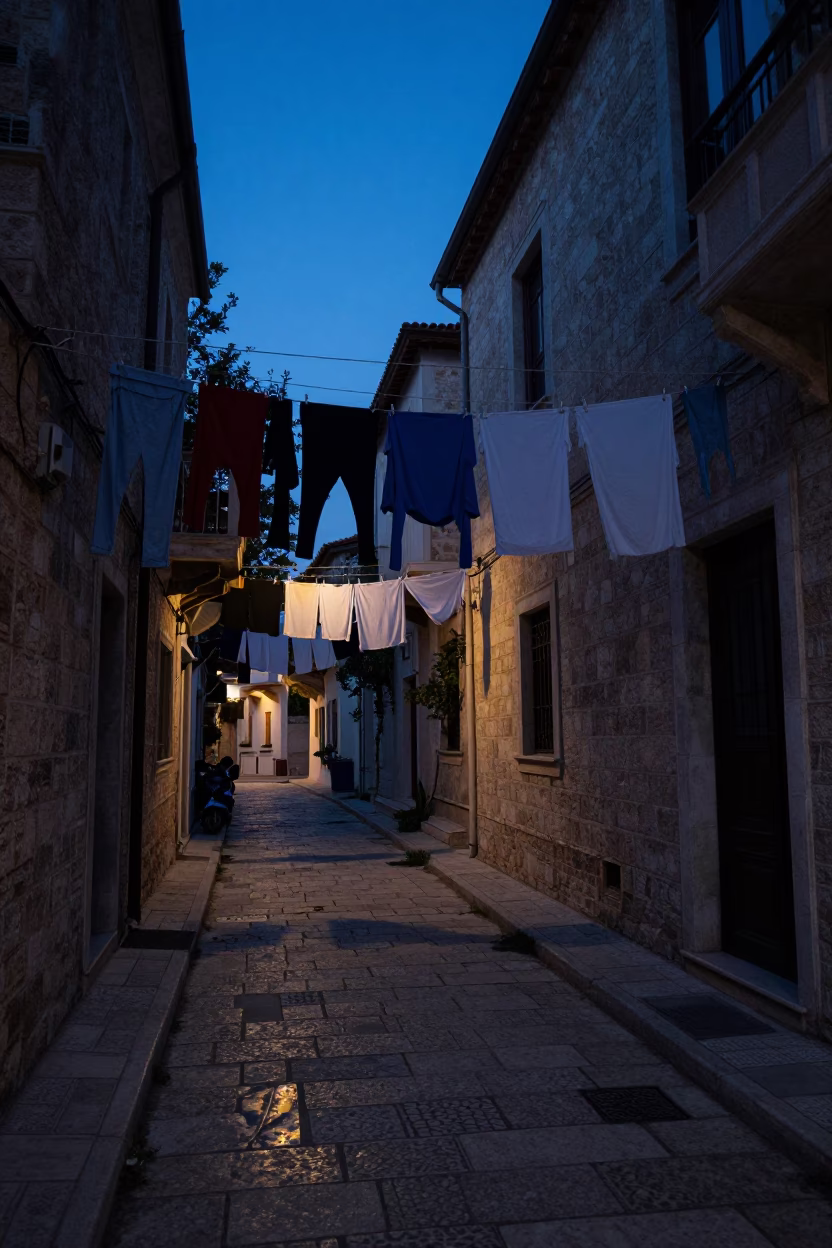 Predawn Athens Street Scene with Hanging Laundry and Quiet Urban Stillness in in Athens, Greece