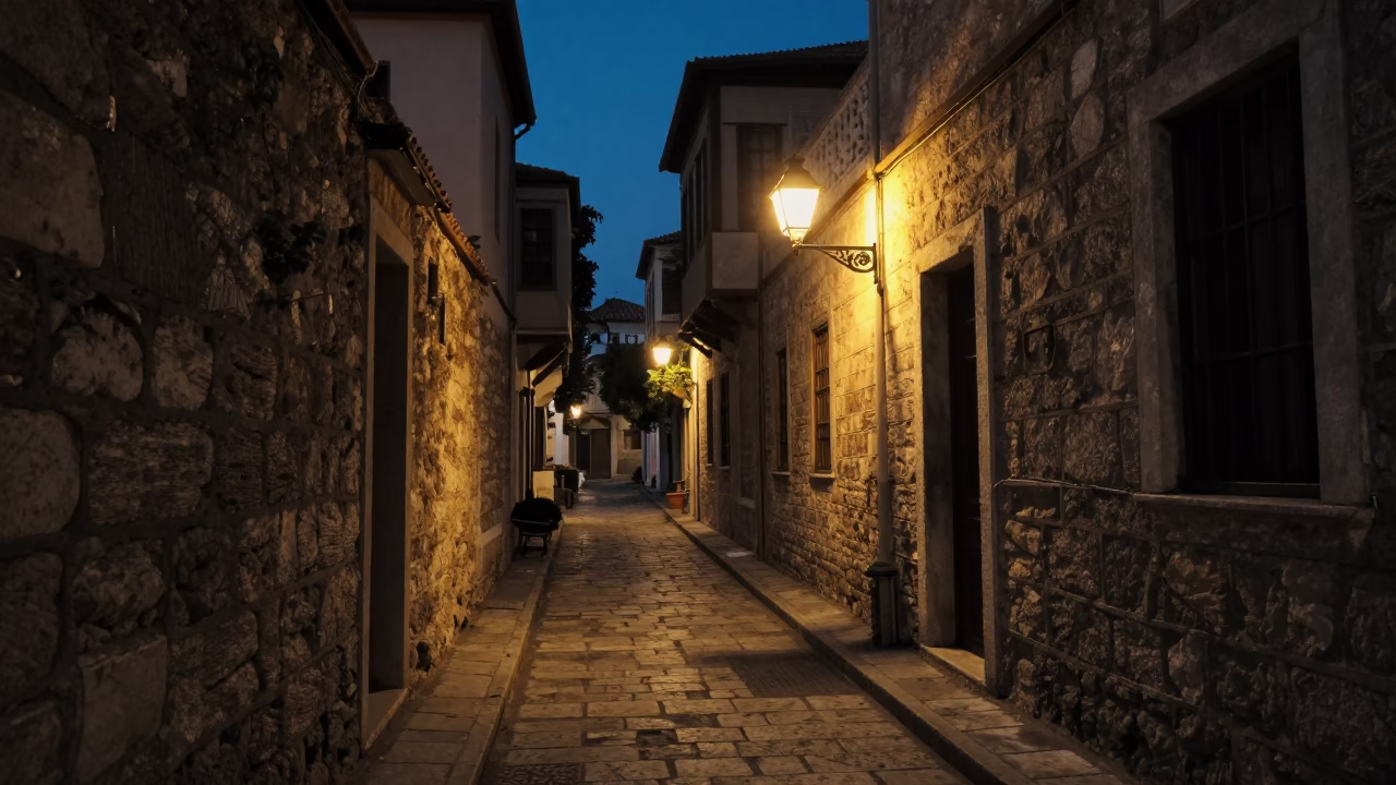 Predawn Athens Street Scene with Lantern Lit Alley and Clipboard Holder in in Athens, Greece