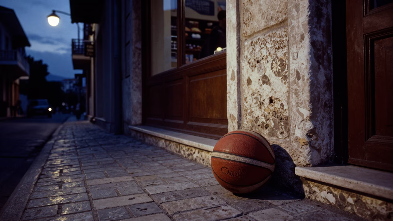 Predawn Athens Street Scene with Old Leather Basketball and Enamel Bowls in in Athens, Greece