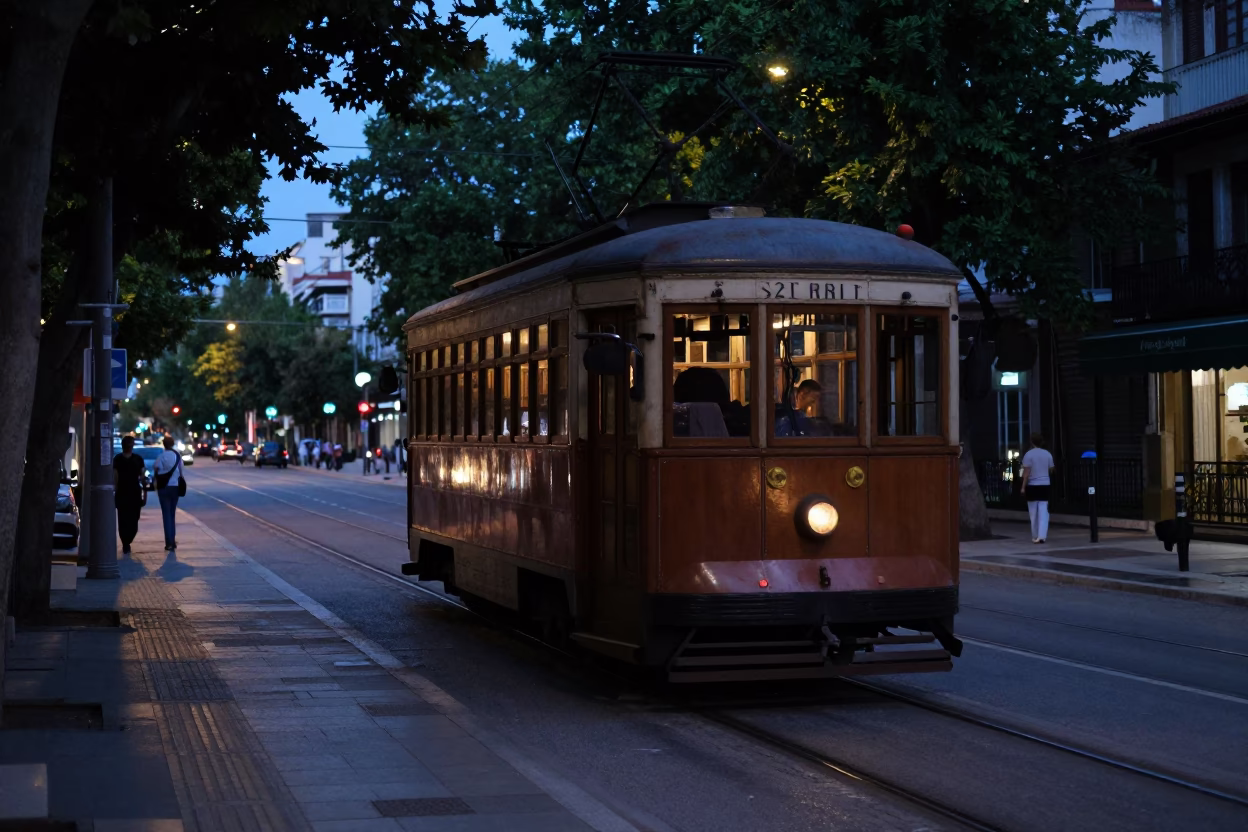 Predawn Athens Street Scene with Old Trolley and Urban Infrastructure in in Athens, Greece