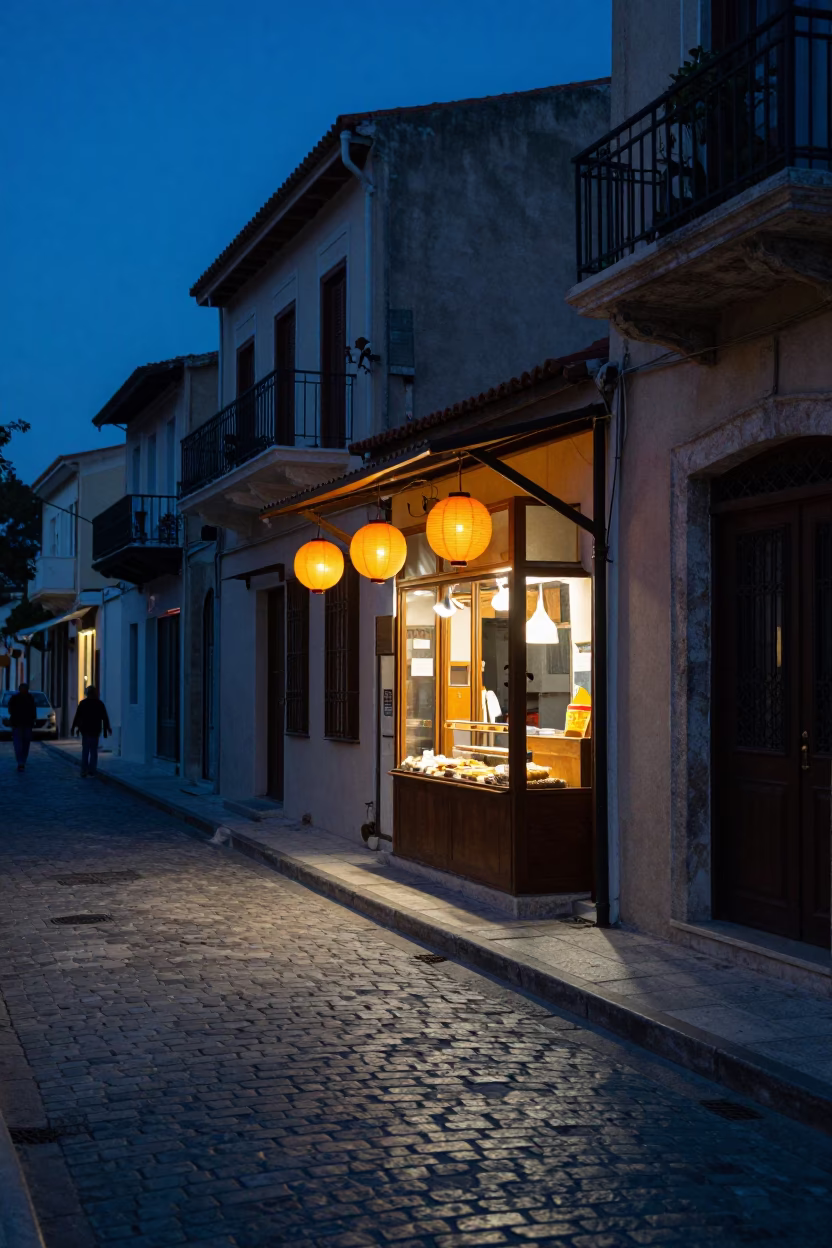 Predawn Athens Street Scene with Paper Lanterns and Local Morning Routine in in Athens, Greece