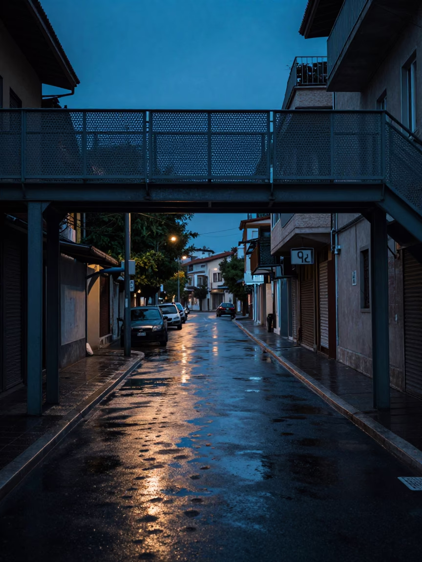 Predawn Athens Street Scene with Pedestrian Overpass and Wet Footsteps in Greece in in Athens, Greece