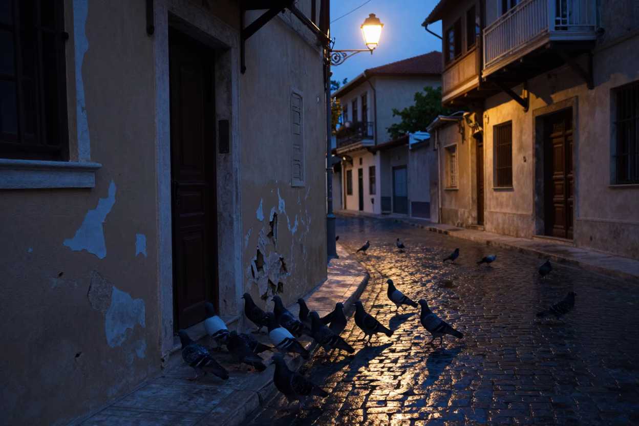 Predawn Athens street scene with pigeons near crumbling plaster wall in in Athens, Greece