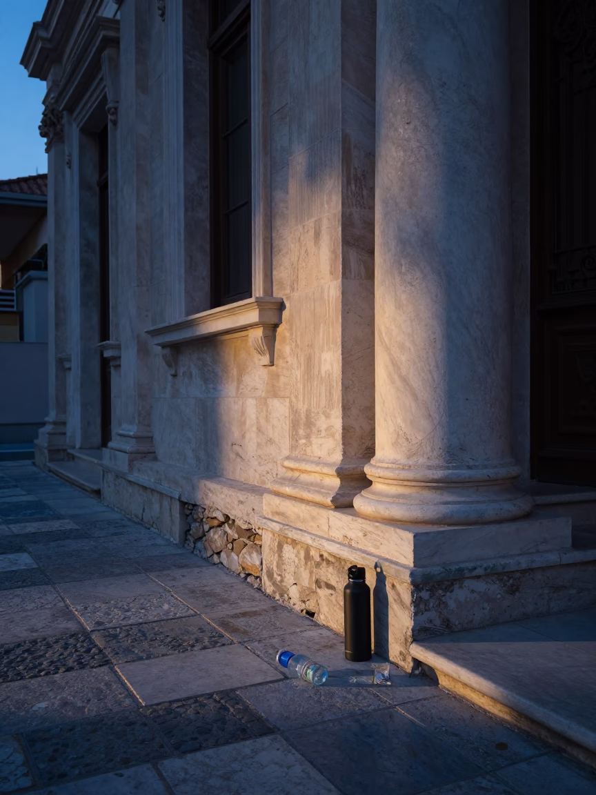 Predawn Athens Street Scene with Reusable Water Bottle and Stone Architecture in in Athens, Greece