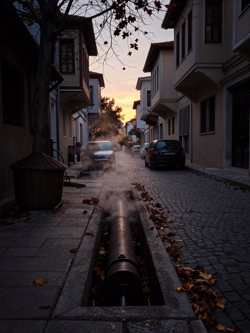 Predawn Athens Street Scene with Steam Pipes and Wicker Basket in in Athens, Greece