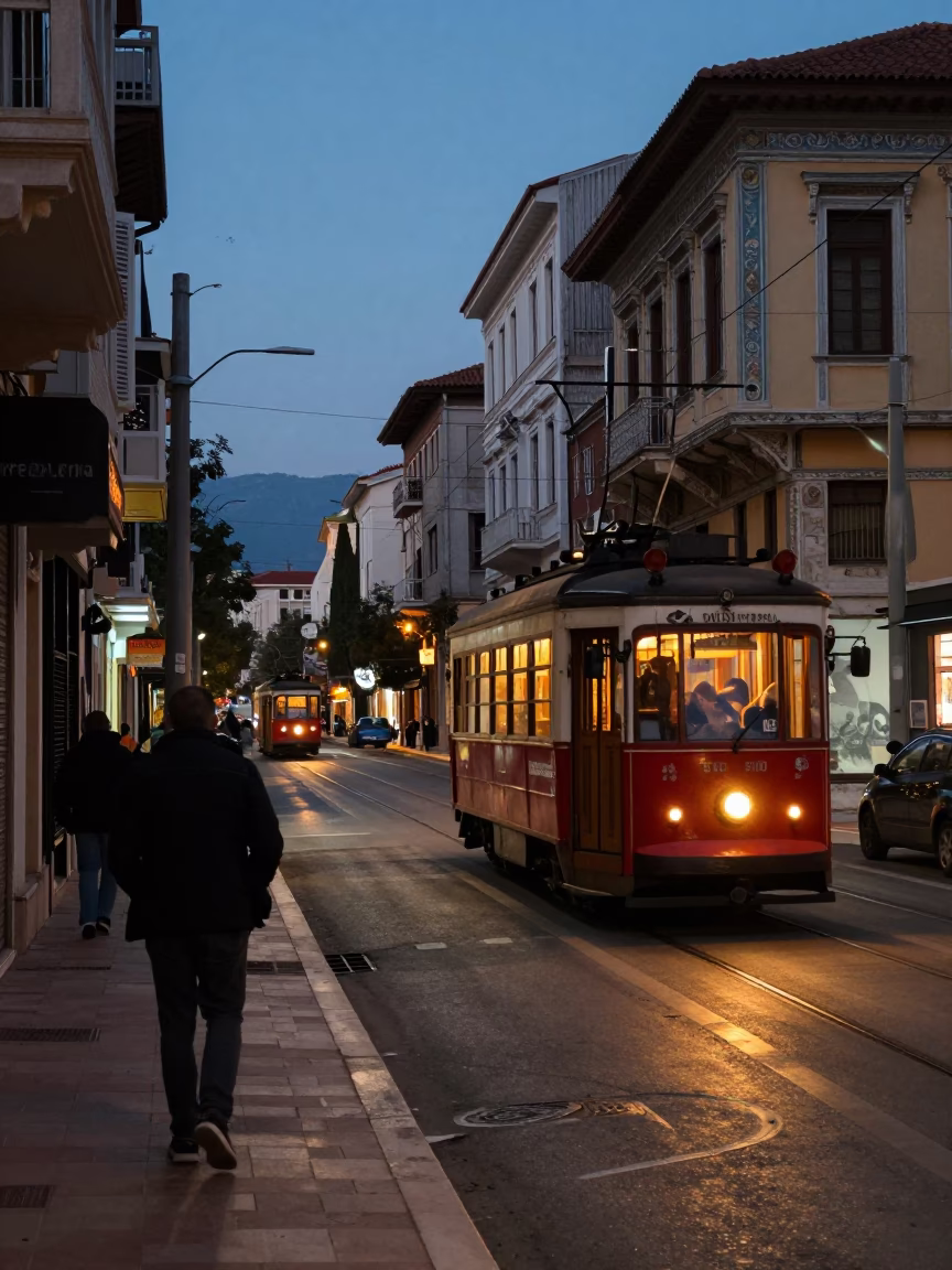Predawn Athens Street Scene with Tram and Early Morning Bakery Display in in Athens, Greece