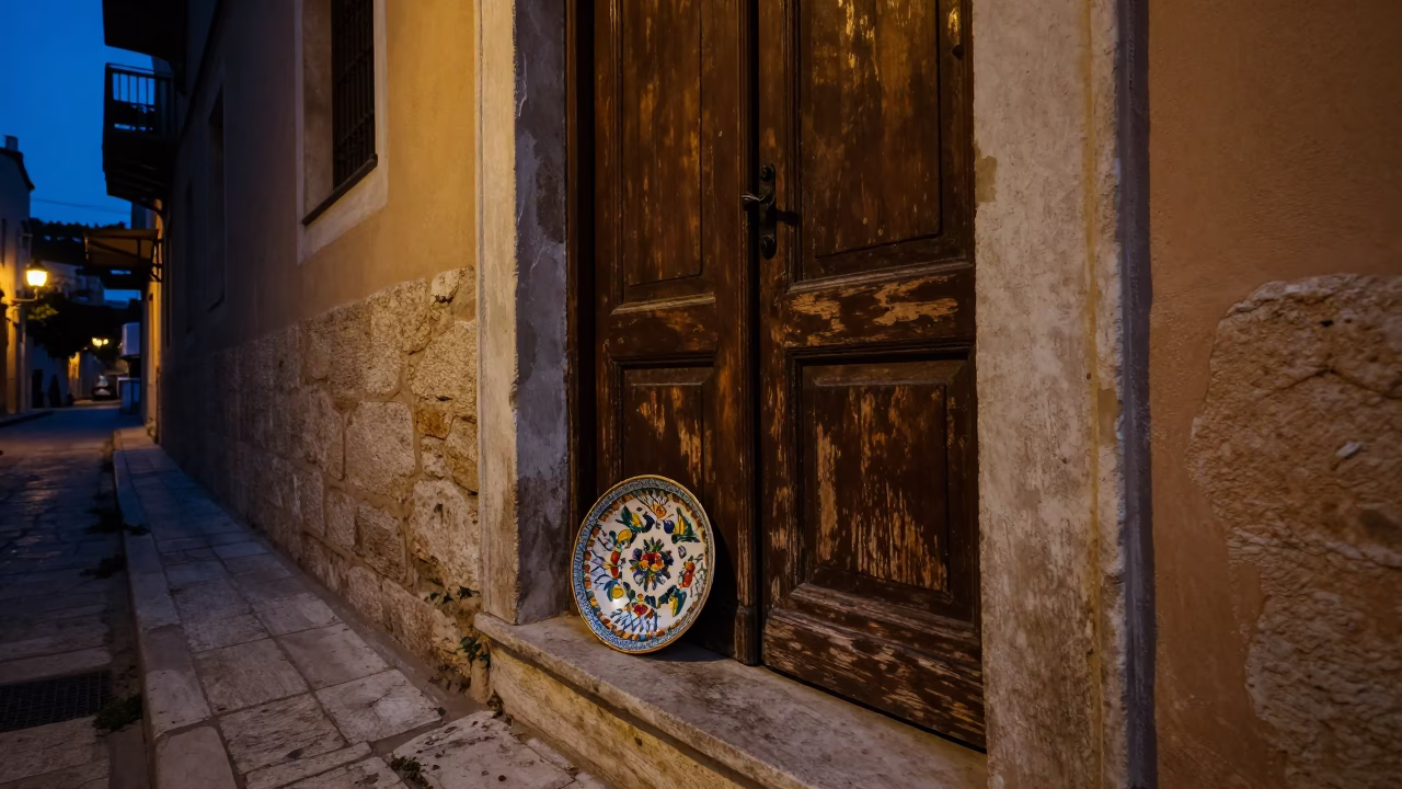 Predawn Athens Street Scene with Vintage Italian Majolica Plate and Padlock on Stone Ledge in in Athens, Greece