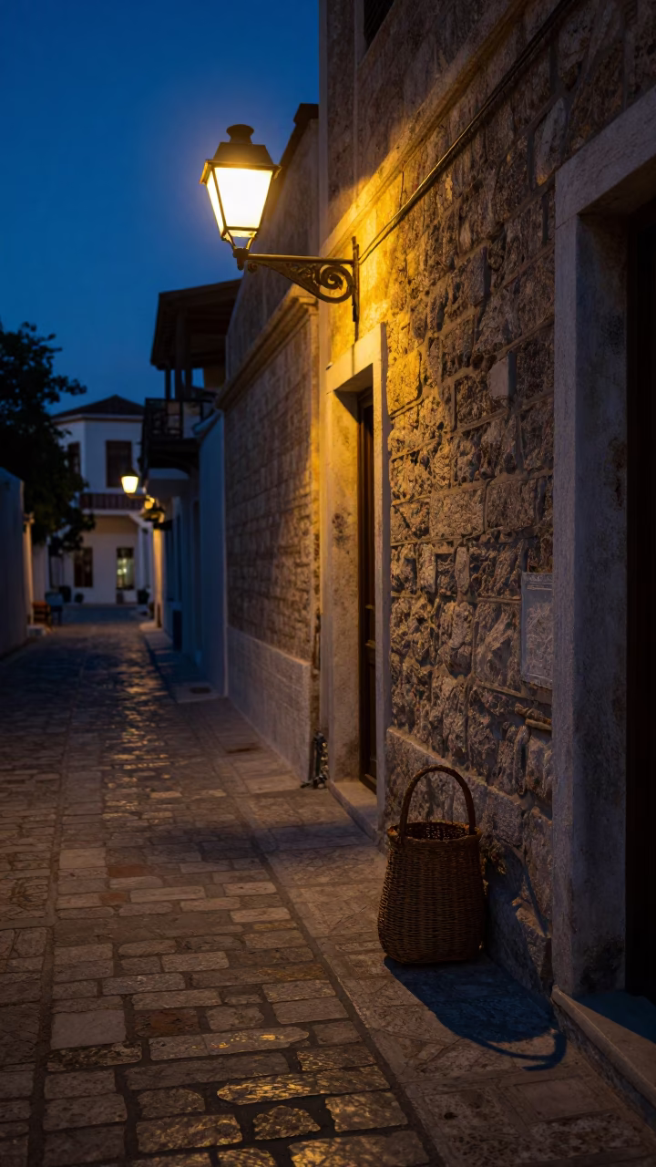 Predawn Athens Street Scene with Wicker Bag Shadow and Urban Architecture in in Athens, Greece