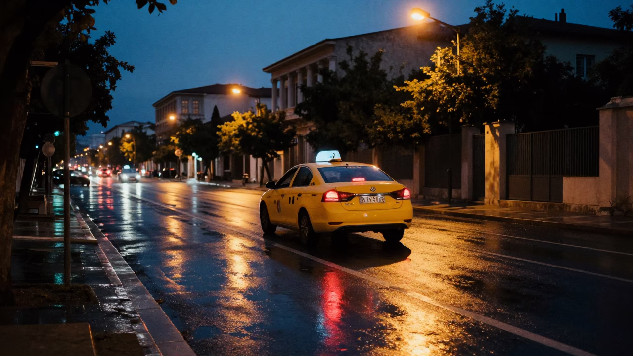 Predawn Athens street scene with yellow taxi and glowing taillights after rain in in Athens, Greece