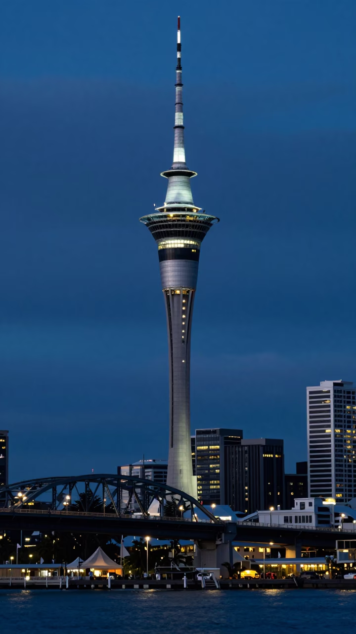 Predawn Auckland Harbor Bridge and Sky Tower Illuminated by Streetlights in in Auckland, New Zealand