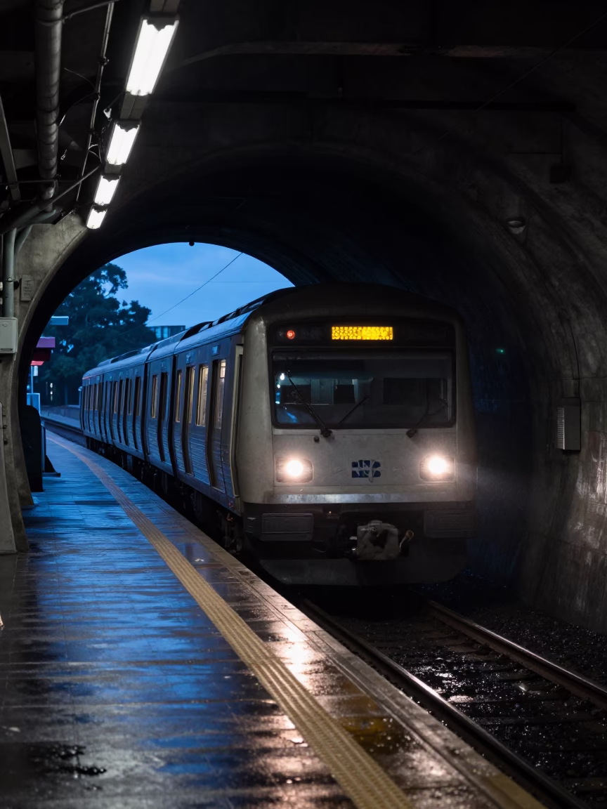 Predawn Auckland Metro Train Emerging From Tunnel Into Early Morning Light in in Auckland, New Zealand