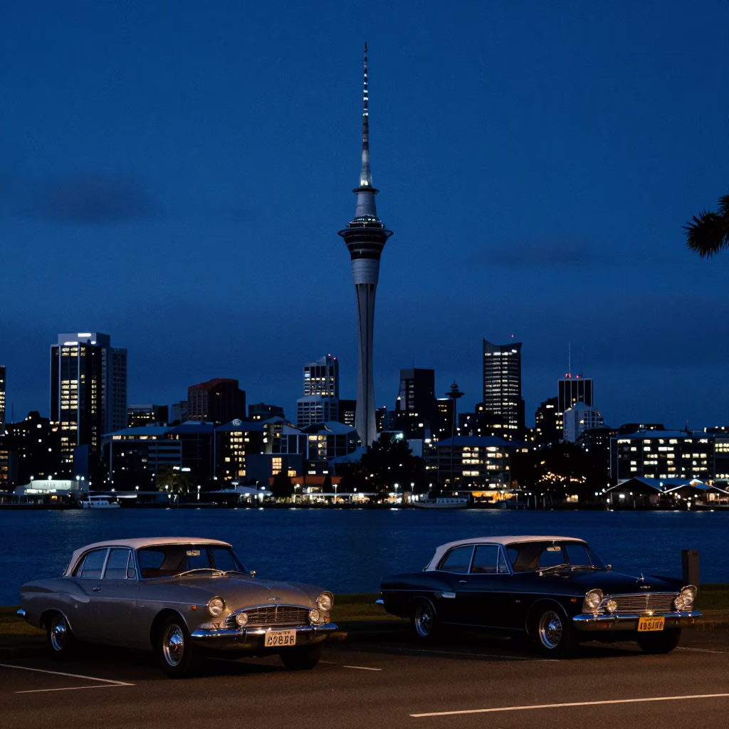 Predawn Auckland New Zealand Horizon Shot with Vintage Cars and City Lights in in Auckland, New Zealand