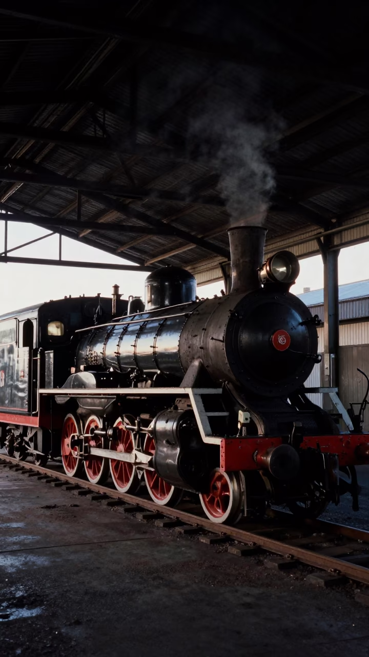 Predawn Auckland Railway Workshop Interior with Steam Locomotive and Maintenance Tools in in Auckland, New Zealand