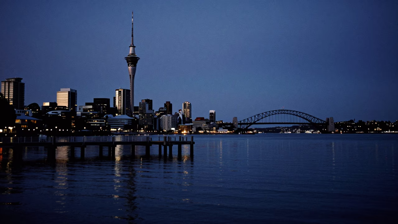 Predawn Auckland Sky Tower Reflections and Harbor Bridge Pier in Dark Water in in Auckland, New Zealand