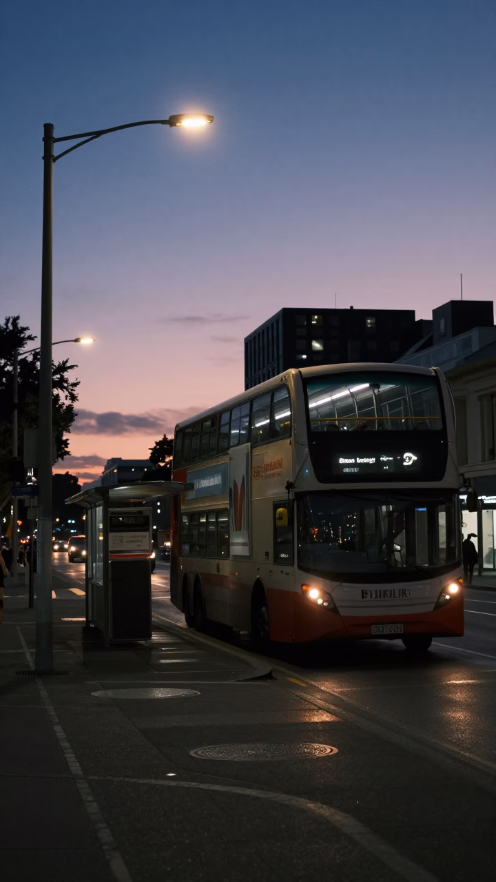 Predawn Auckland Street Scene with Double Decker Bus and Frangipani Tree in in Auckland, New Zealand