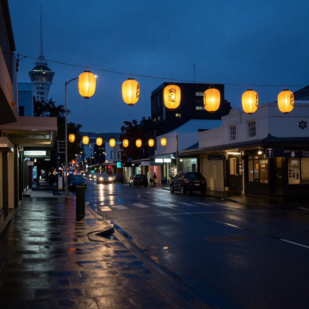 Predawn Auckland Street Scene with Lanterns and Urban Ambience in in Auckland, New Zealand