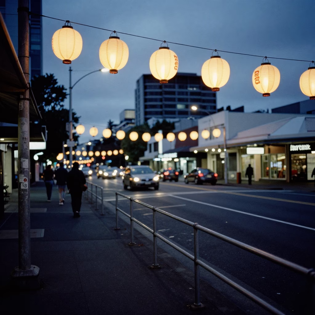 Predawn Auckland Street Scene with Lanterns and Urban Elements in New Zealand in in Auckland, New Zealand
