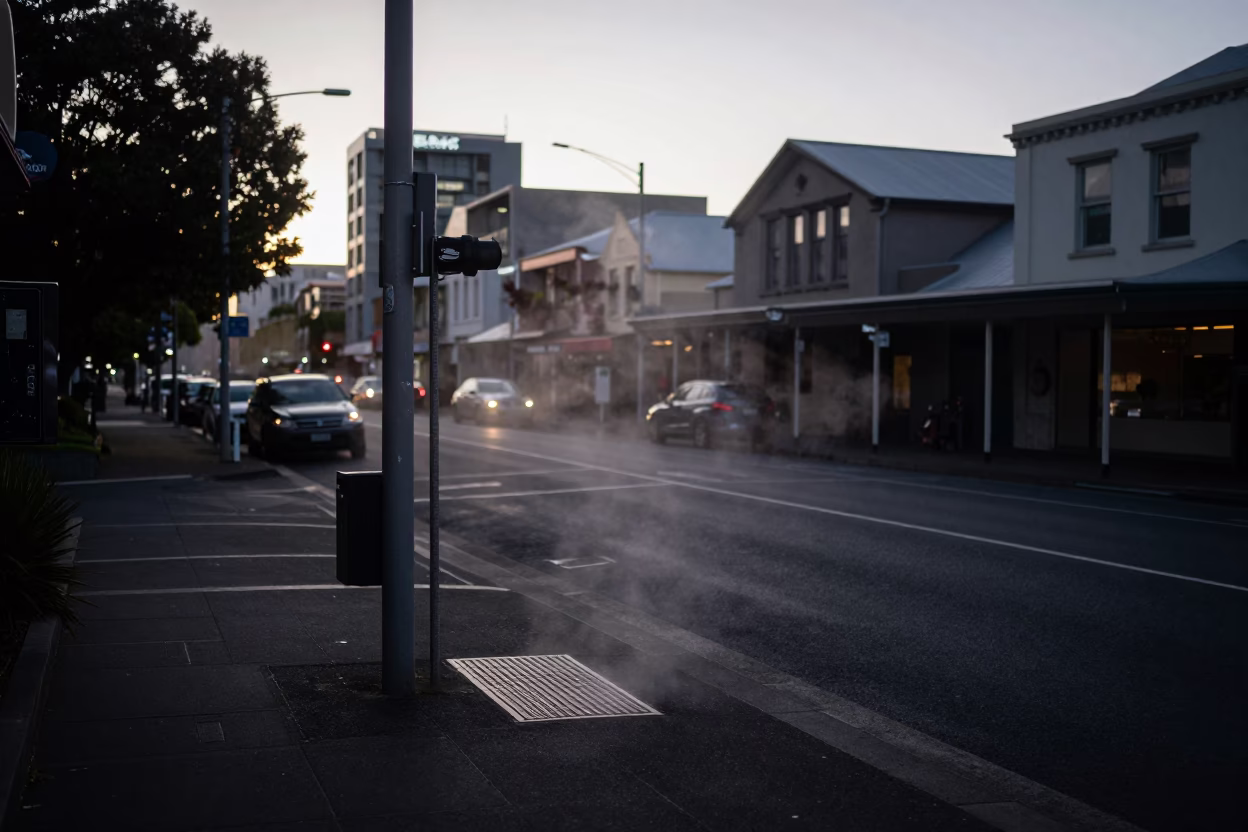 Predawn Auckland Street Scene with Steam Haze and Brushed Steel Bracket in in Auckland, New Zealand