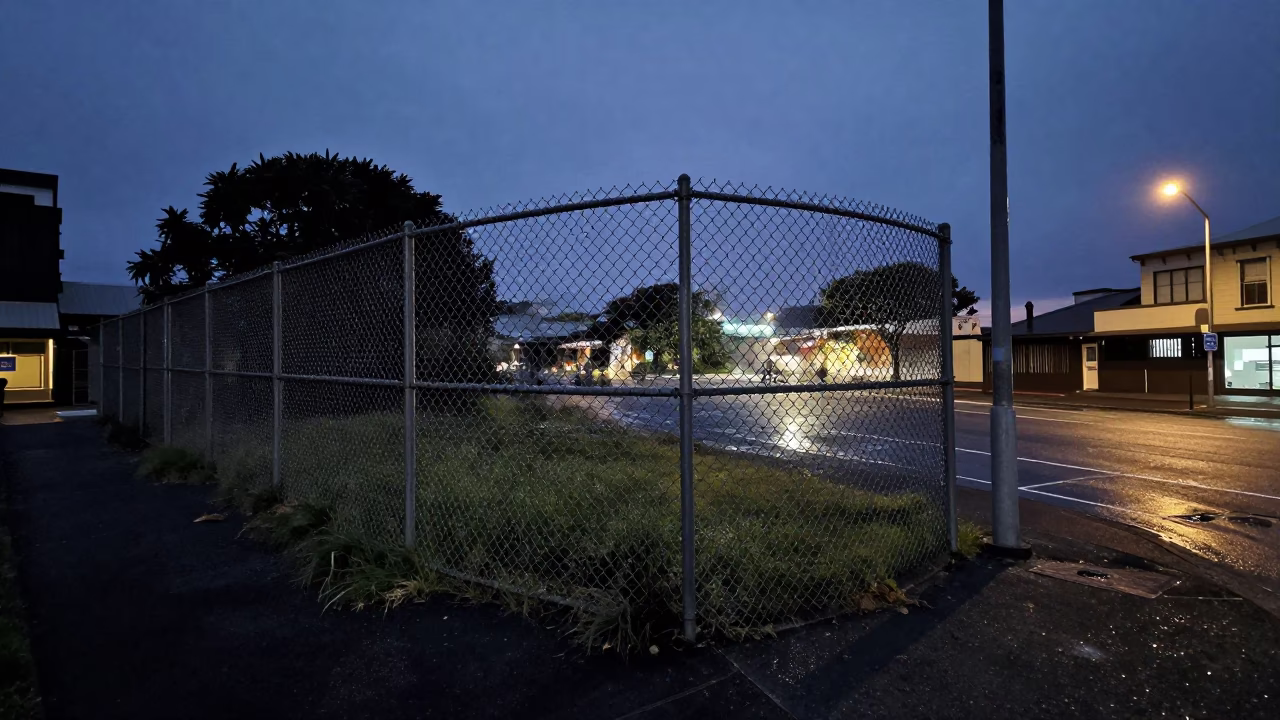Predawn Auckland Street Scene With Substation Fence And Dew Beside Warning Placards in in Auckland, New Zealand