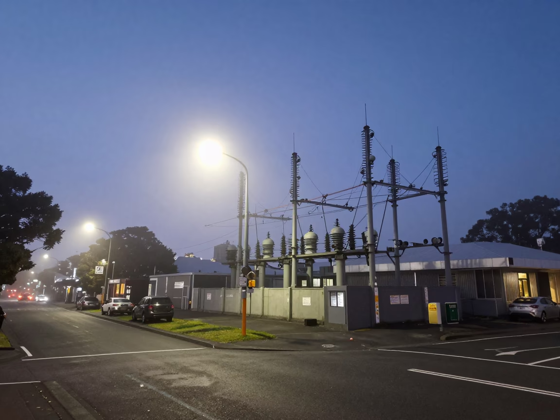 Predawn Auckland Street Scene with Substation Fog and Urban Infrastructure in in Auckland, New Zealand