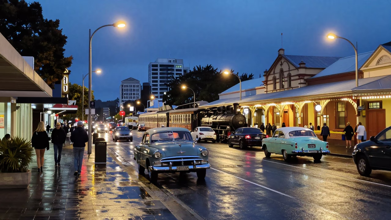 Predawn Auckland Street Scene with Vintage 1950s Cars and Steam Train Heritage in in Auckland, New Zealand