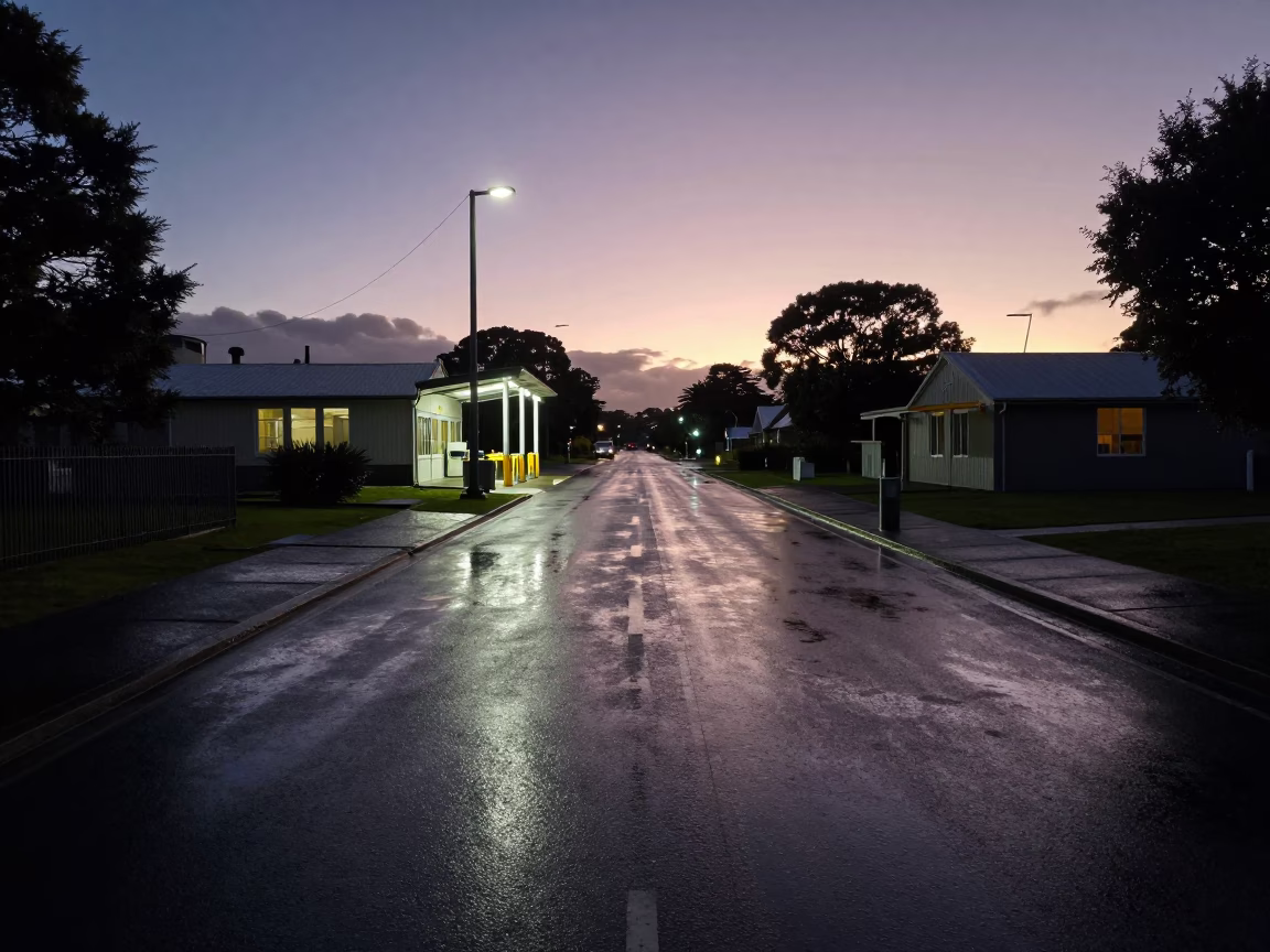 Predawn Auckland Substation Access Road Wet Oil Sheen Rainwater Reflections in in Auckland, New Zealand
