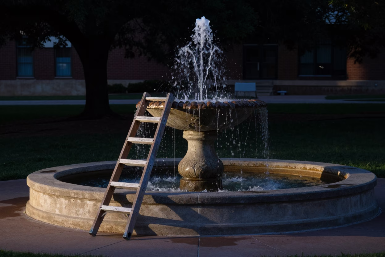 Predawn Austin Texas maintenance scene with drained campus fountain and wooden ladder in in Austin, Texas, United States