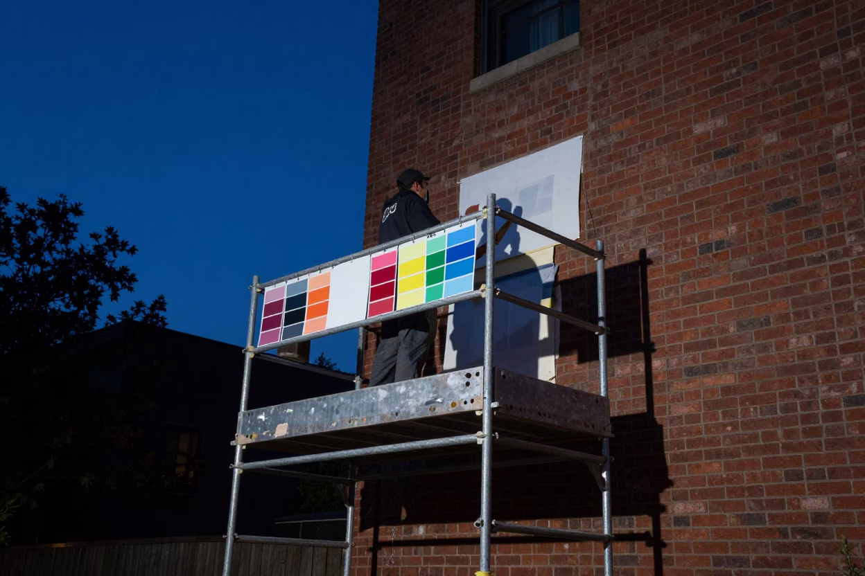 Predawn Austin Texas Muralist Painting Sample Swatches on Scaffold Platform in in Austin, Texas, United States