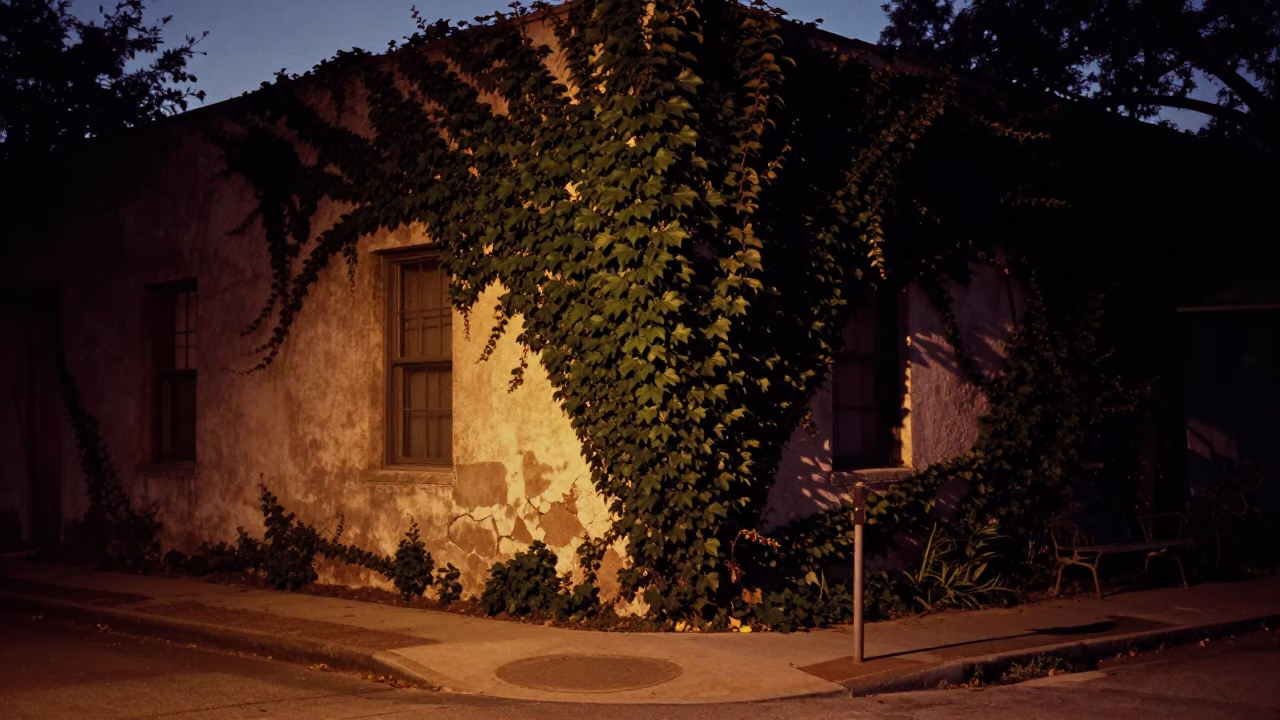 Predawn Austin Texas Street Scene with Ivy and Cracked Stucco Exterior in in Austin, Texas, United States