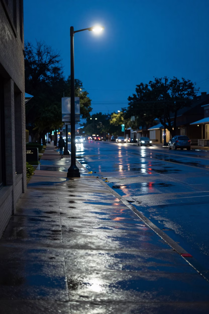 Predawn Austin Texas Street Scene with Neon Reflections on Wet Pavement and Local Architecture in in Austin, Texas, United States