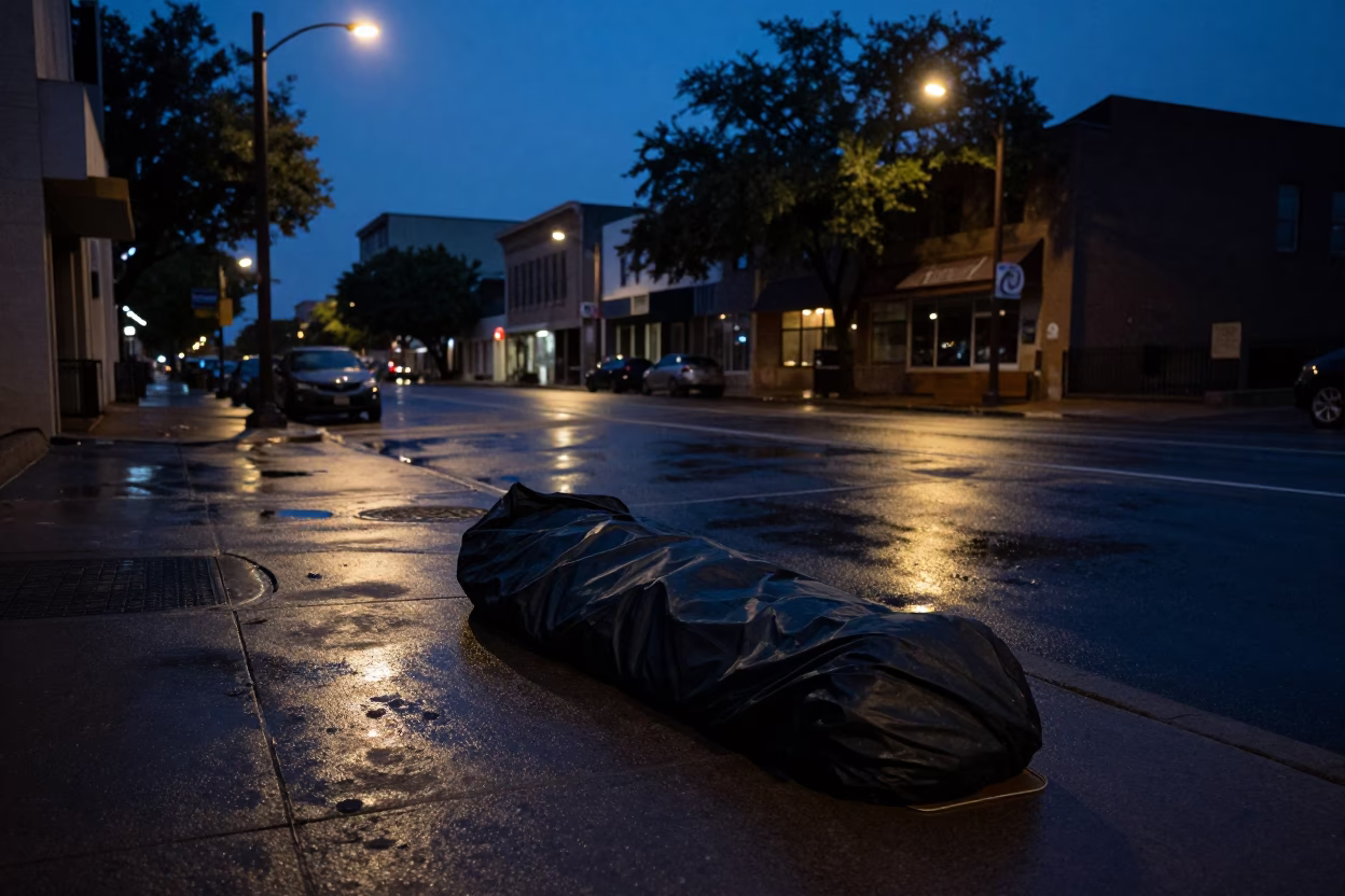 Predawn Austin Texas Street Scene with Sleeping Bag and Urban Infrastructure in in Austin, Texas, United States