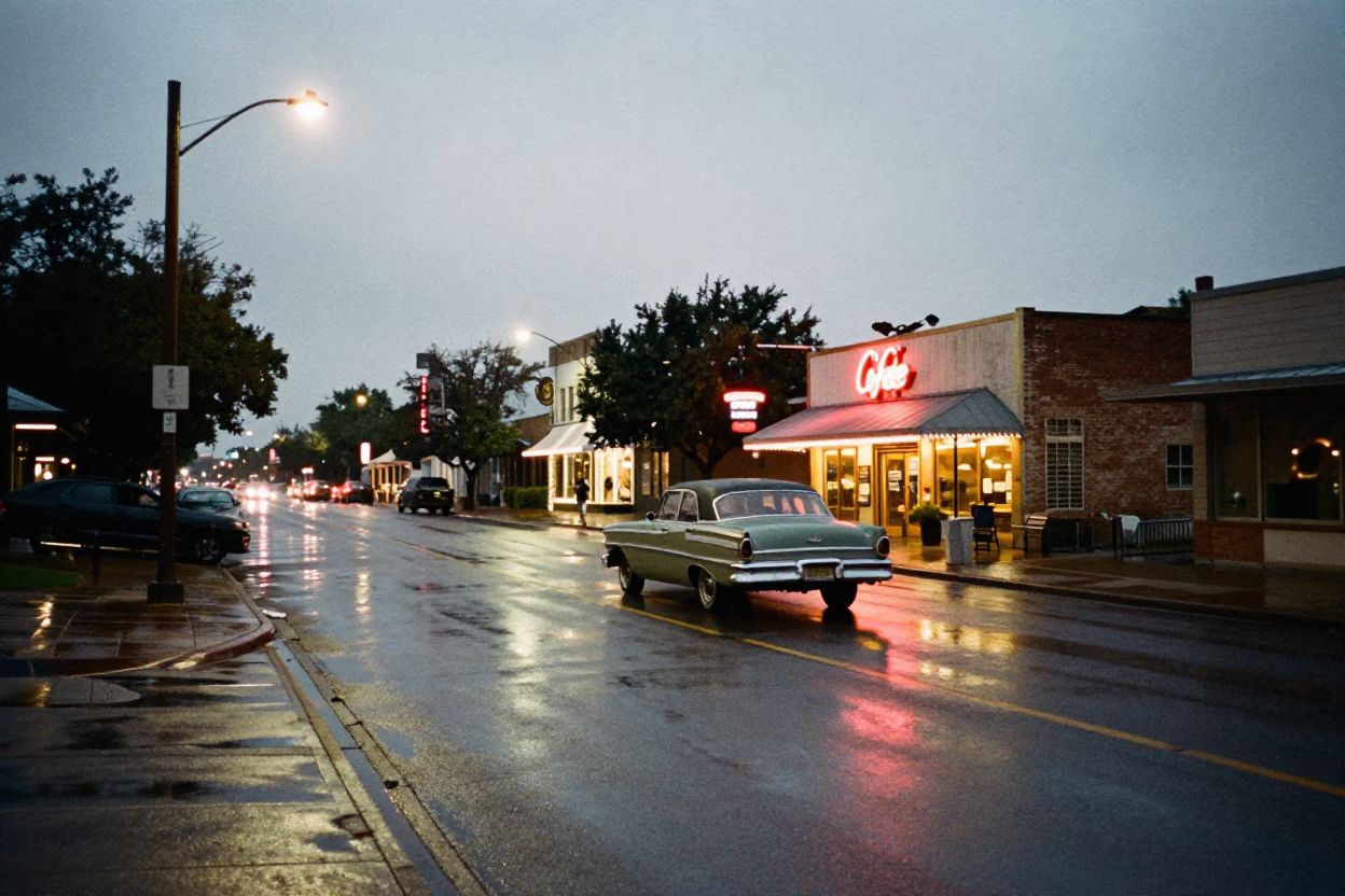 Predawn Austin Texas Street Scene with Vintage Car and Neon Reflections in in Austin, Texas, United States