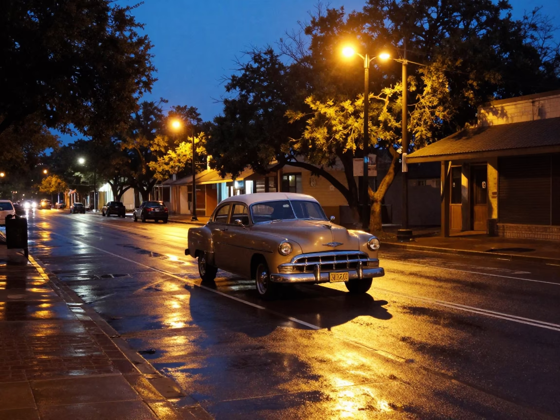 Predawn Austin Texas Street Scene with Vintage Car and Streetlights in in Austin, Texas, United States