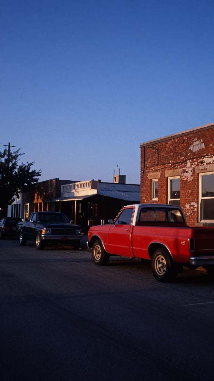 Predawn Austin Texas Street Scene with Vintage Cars and Local Lighting in in Austin, Texas, United States