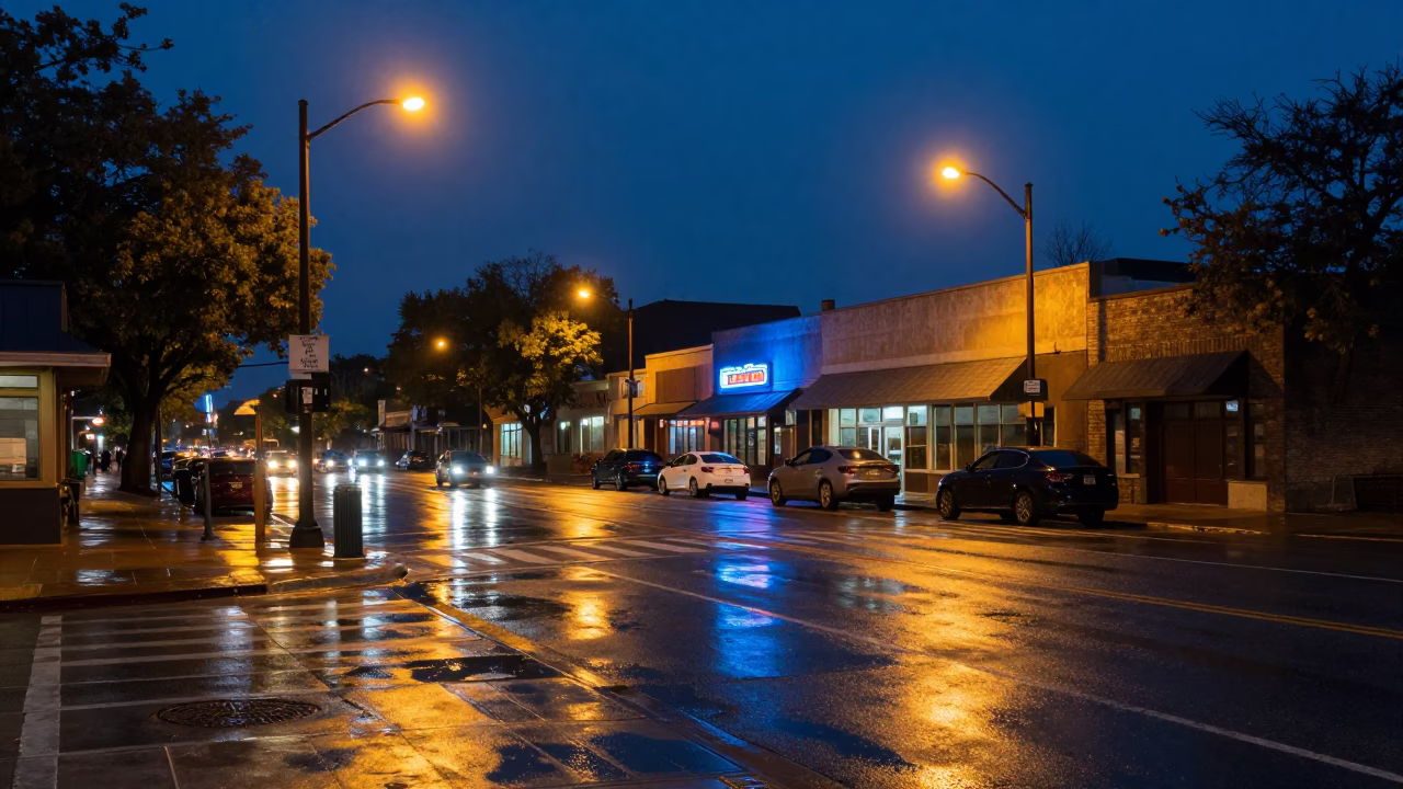 Predawn Austin Texas Street Scene with Wet Pavement and Neon Reflections in in Austin, Texas, United States