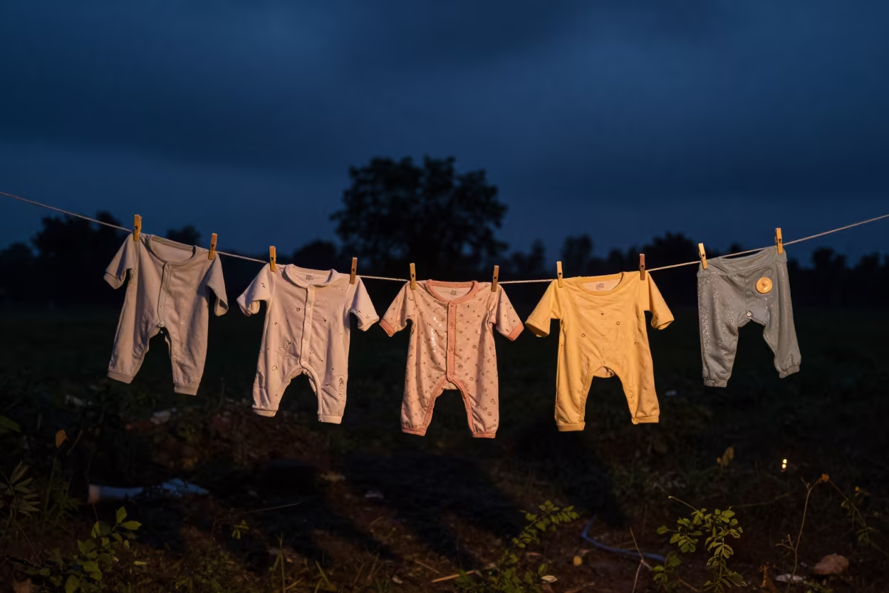 Predawn Baby Clothes on Line in Ratlam Garden in in Ratlam