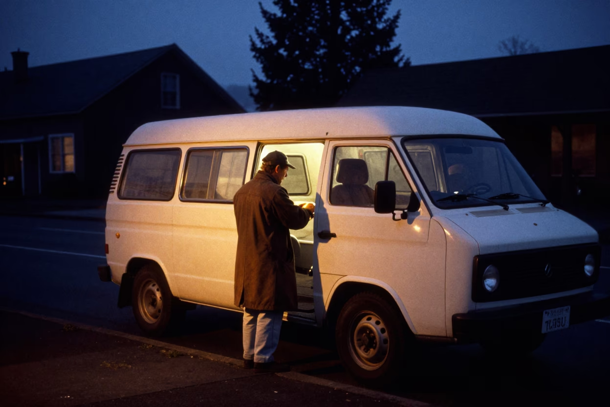 Predawn Baker Loading Delivery Vans Outside Portland Bakery in in Portland, Oregon, United States