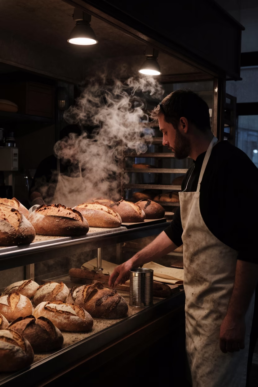 Predawn Bakery Scene in Milan Italy with Fresh Bread and Aprons in in Milan, Italy