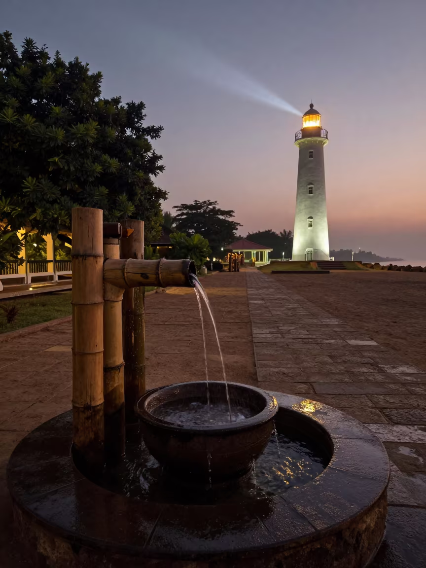 Predawn Bamboo Fountain in Mombasa Cloister Garden in in a cloister garden near Mombasa