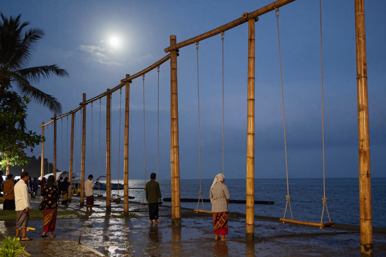 Predawn Bamboo Swings at Balinese Waterfront in at a waterfront celebration near Denpasar