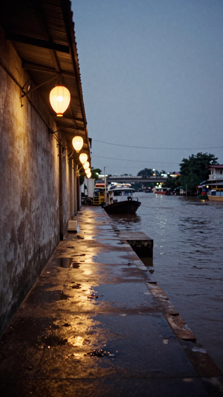 Predawn Bangkok Alley Lantern Light and Bridge Pier Current in in Bangkok, Thailand