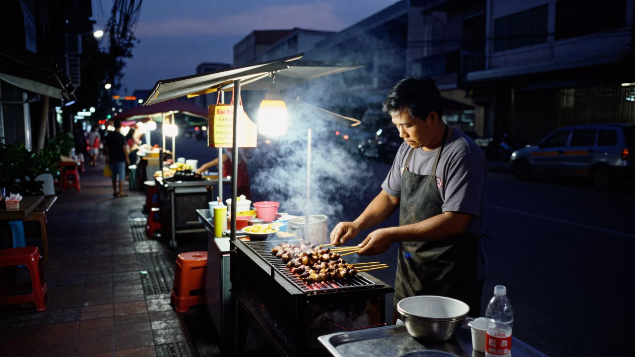 Predawn Bangkok Street Food Stall with Grilled Kebab and Night Market Activity in in Bangkok, Thailand