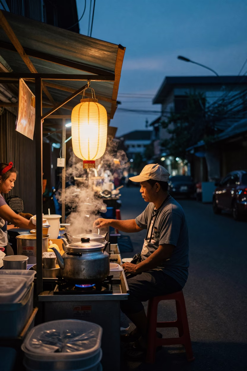 Predawn Bangkok Street Food Vendor with Lantern and Tea Kettles in in Bangkok, Thailand