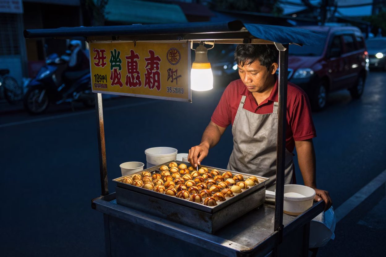 Predawn Bangkok street food vendor with takoyaki tray and electric scooter in dark alley in in Bangkok, Thailand