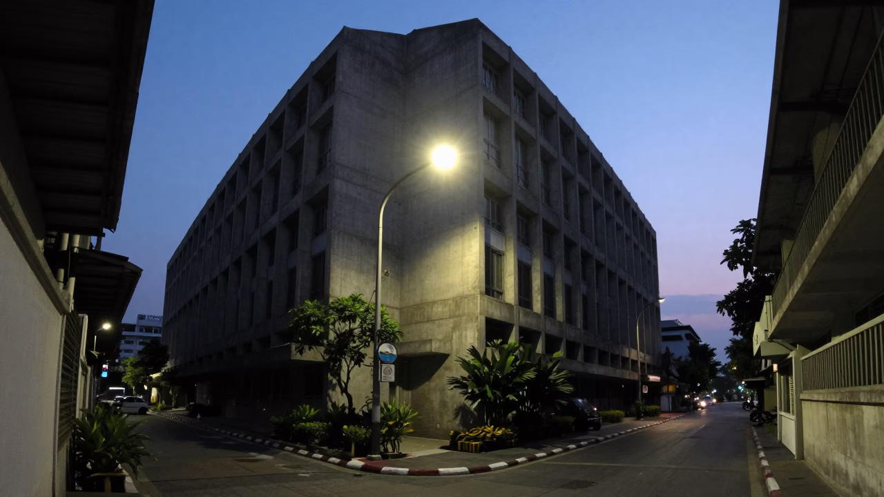 Predawn Bangkok Street Scene with Concrete Brutalist Architecture and Morning Market Activity in in Bangkok, Thailand