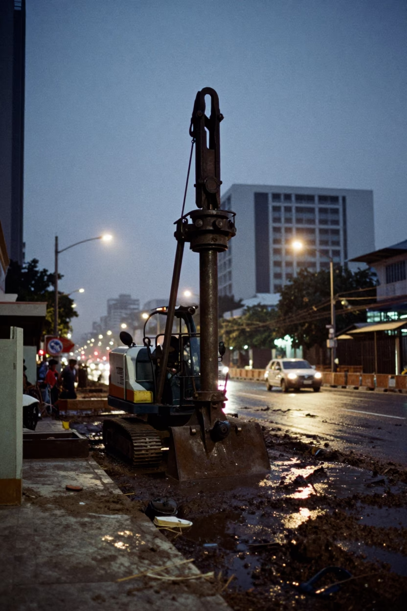 Predawn Bangkok Street Scene with Construction Pile Driver and Wet Asphalt in in Bangkok, Thailand