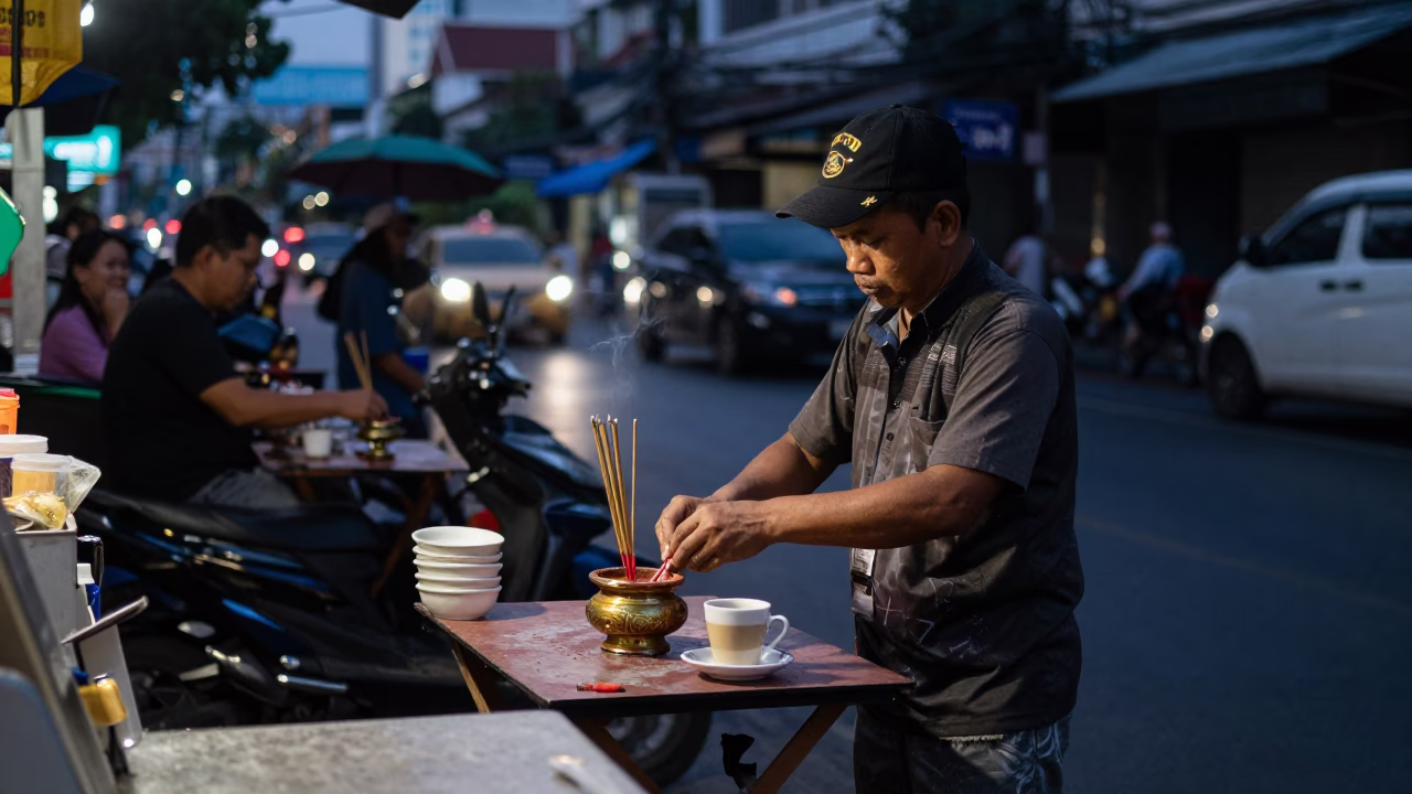 Predawn Bangkok Street Scene with Incense Holder and Coffee Mugs in in Bangkok, Thailand