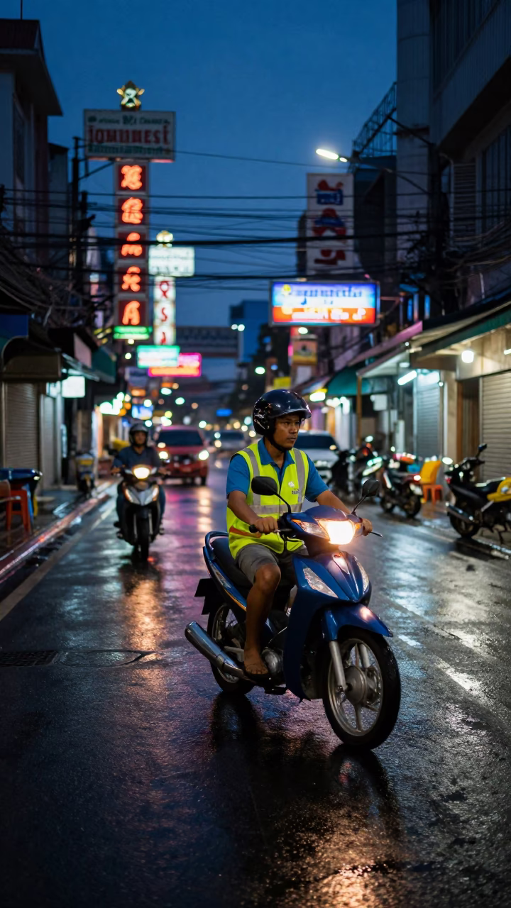 Predawn Bangkok Street Scene with Motorbike Taxi Driver and Neon Reflections in in Bangkok, Thailand